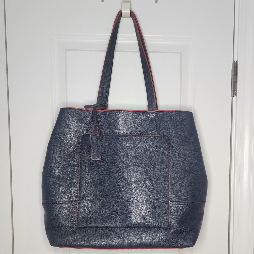 J.Crew Navy Blue Pebbled Leather Tote Bag Red Contrast Edge Piping Shoulder Bag